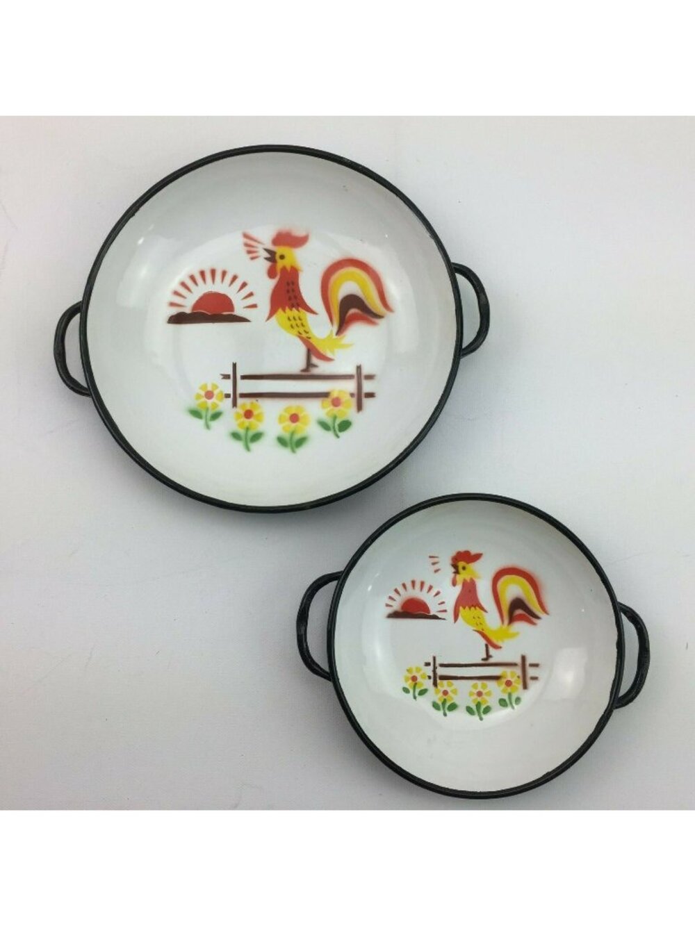 Vintage 70s Rooster Painted Plates Bowls Home Kitchen Farmhouse Morning Farm